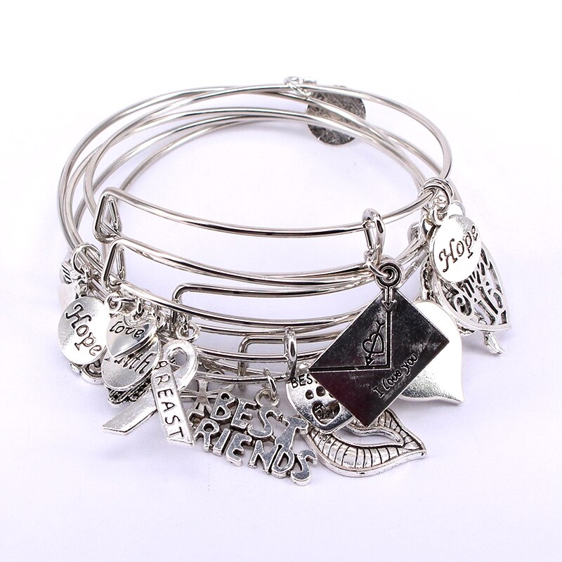 5 pçs conjunto de pulseiras de arame para mulheres meninas jewllery lábios misturados melhores amigos câncer de mama amor coração charme pulseiras c041: Revestimento de prata