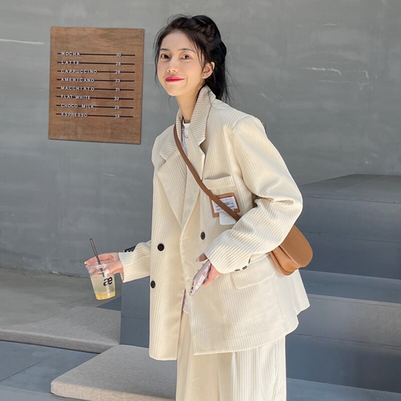 Snygg manchester oversized kavaj jacka kvinnor lös kontor dam kostym enkelknäppt kappa koreansk chic solid ytterkläder: M