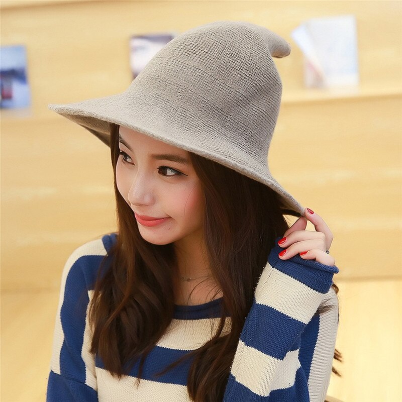 Sombrero de lana moderno para mujer, gorros de bruja de Color sólido de Halloween, Vintage para mujer, tapón en punta, ropa para Primavera, Otoño e Invierno