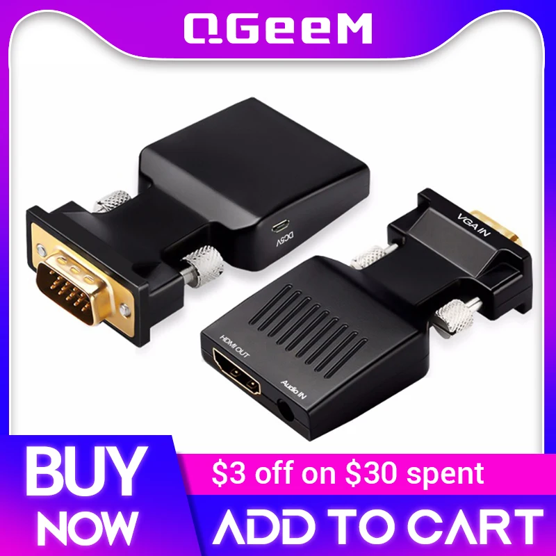 Qgeem vga til hdmi konverter med lyd fuld hd vga til hdmi adapter med videoudgang 1080p hd til pc laptop hdmi tovga