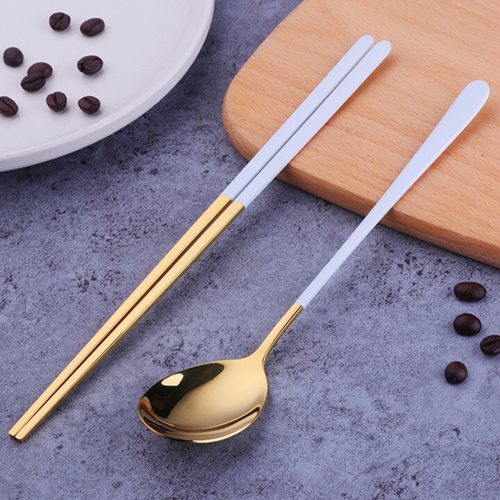 måke 18/10 koreansk rustfritt stål matte spisepinner skje sett lang håndtak flate glidende spisepinner dessert skjeer servise sett: Hvitt måke -1 par