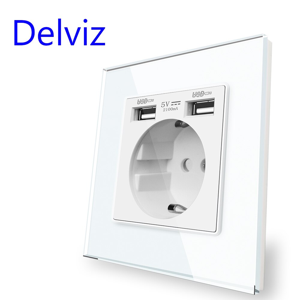 Delviz EU Standard USB Buchse, 5V 2A Doppel usb Ladung Schnittstelle, Zauberstab eingebettet 16A Steckdose, gehärtetem Kristall Glas Tafel: Weiß (mit USB)