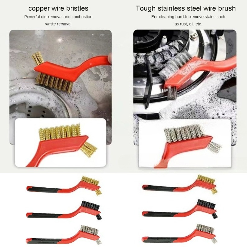 Set di spazzole metalliche Setole in nylon/ottone/acciaio inossidabile con impugnatura curva per la pulizia profonda di ruggine, sporco e vernice