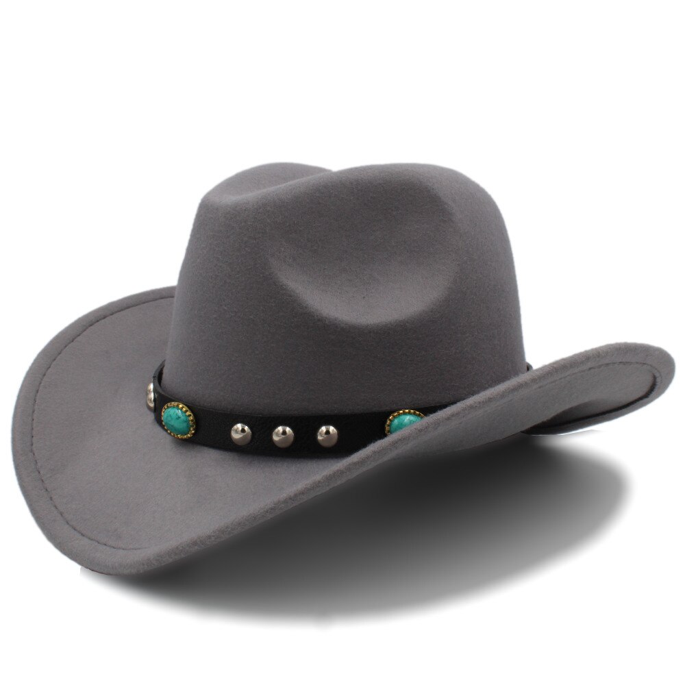 Kvinder uld hule vestlige cowboy hat roll-up bred skygge dame jazz sombrero hombre cowgirl kasket med punk bælte størrelse 56-58cm