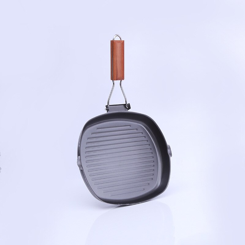 Multipurpose Steak Frying Pan, Cast Iron Non Stick Grill, Deep Square Griddle Pan with Folding Wooden Handles Cooking Pans