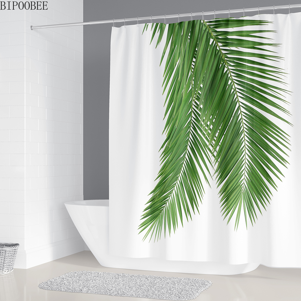 Groene Bladeren Afdrukken Douchegordijn Tropische Planten Natuurlijke Badkamer Gordijnen Anti-Slip Badmat Set Wc Tapijten Tapijt: C Shower Curtain