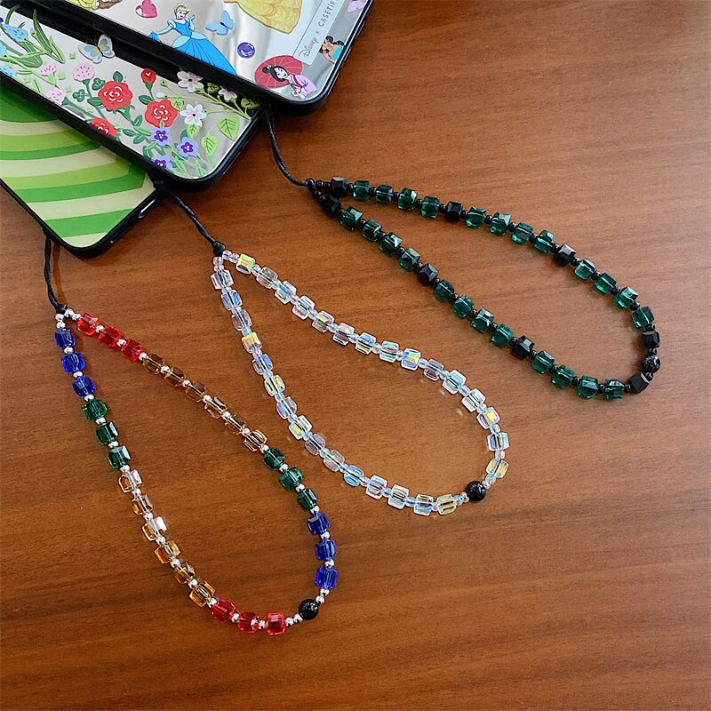 INS Colorful Crystal Bead Bracelet For iPhone 11 12 13 Pro Max Phone Case Portable Rope Cute Keychain Ornaments Hand Strap Chain