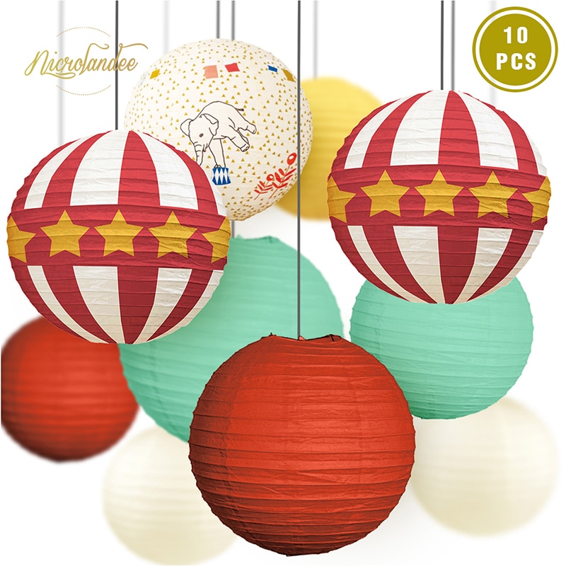 Décorations de fête cirque NICROLANDEE 10 pièces | Décor bricolage pour fête prénatale anniversaire enfant carnaval, lanternes en papier rouge blanc