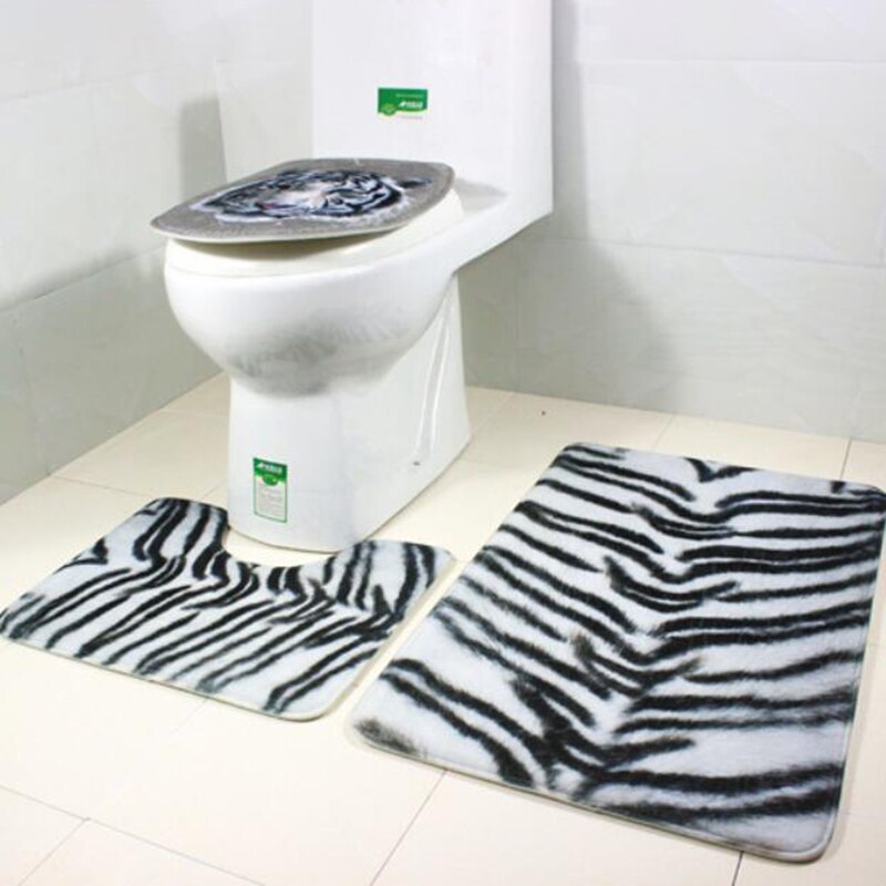 3 pcs Set Tiger Skin Leopard Print Bathroom Mat Set Toilet Cover Flannel Soft Seat Lid Cover Pedestal Rug Carpet