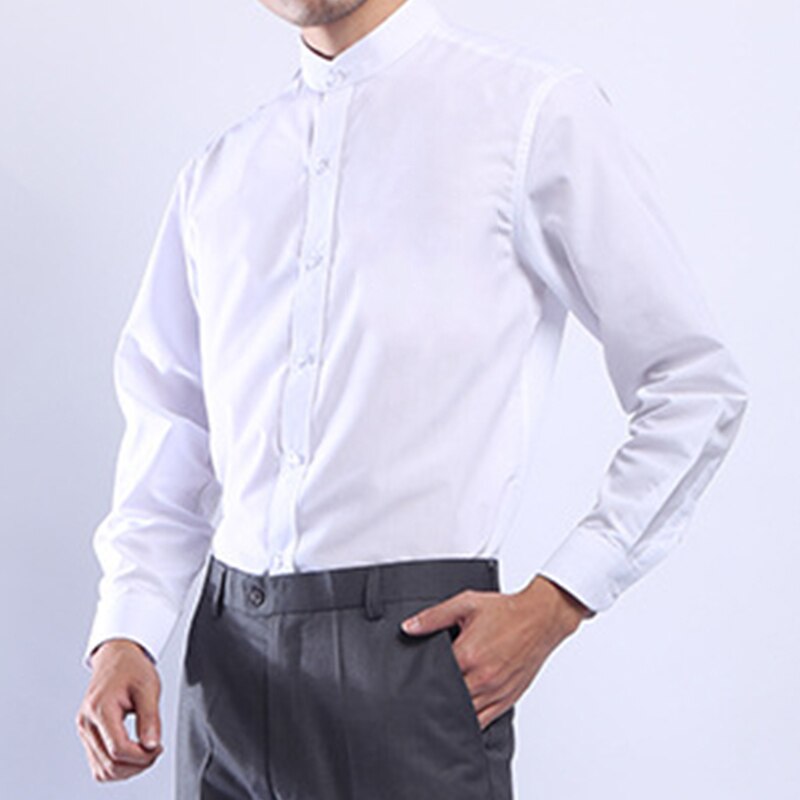 Men Mandarin Stand Collar White Dress Shirt Long Sleeve Chinese Style Single Breasted