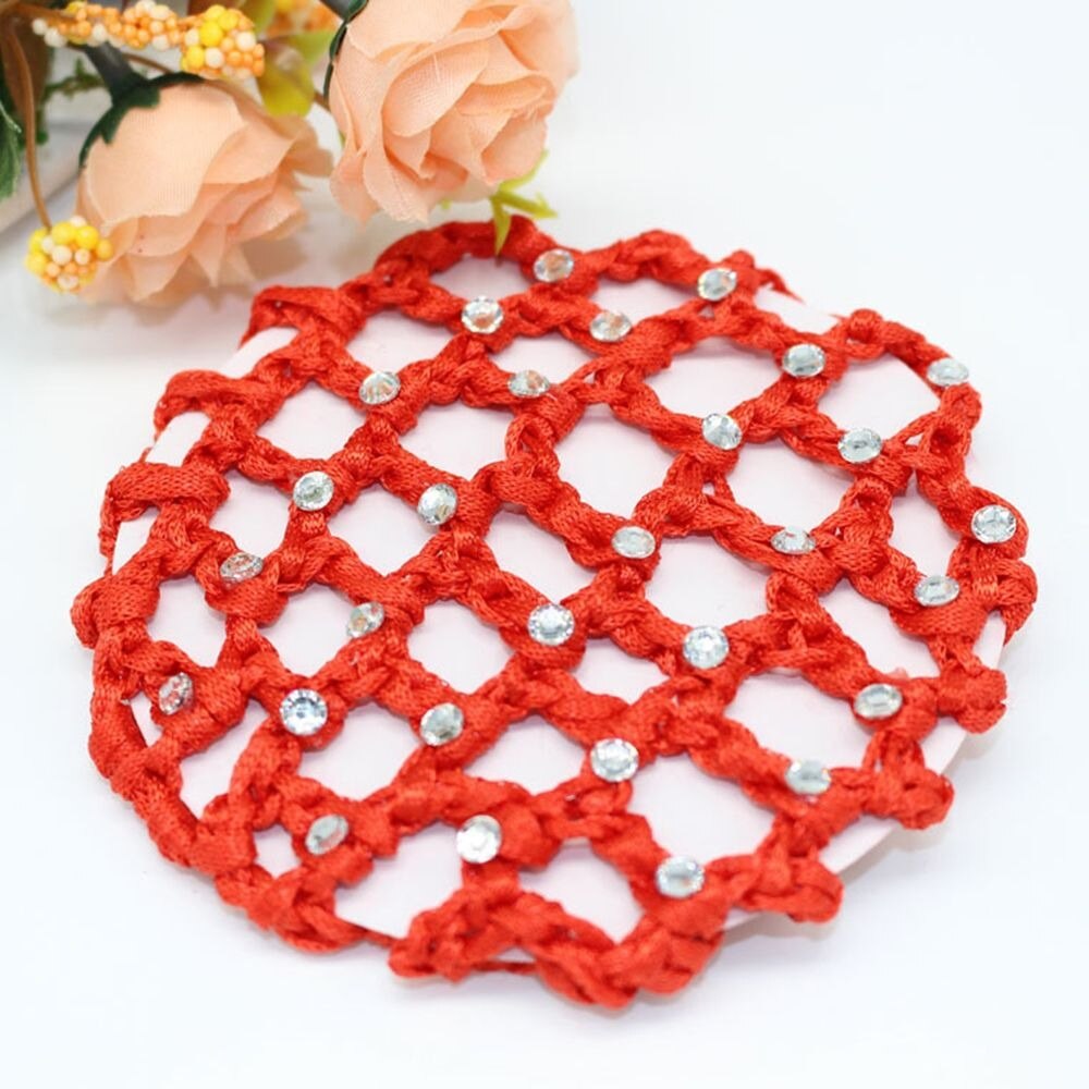 1Pc Hair Accessories Headwear Mesh Women Hair Bun Cover Snood Pearl Ballet Dance Skating Net Skating Crochet for Woman: Red Color