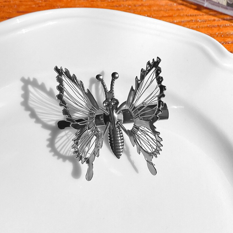2022 Spring Gold Silver Butterfly Movable Wings Hairpin For Girl Children 4.5cm Long Cute Princess Hairpin Barrettes Accessories: Gun Gray