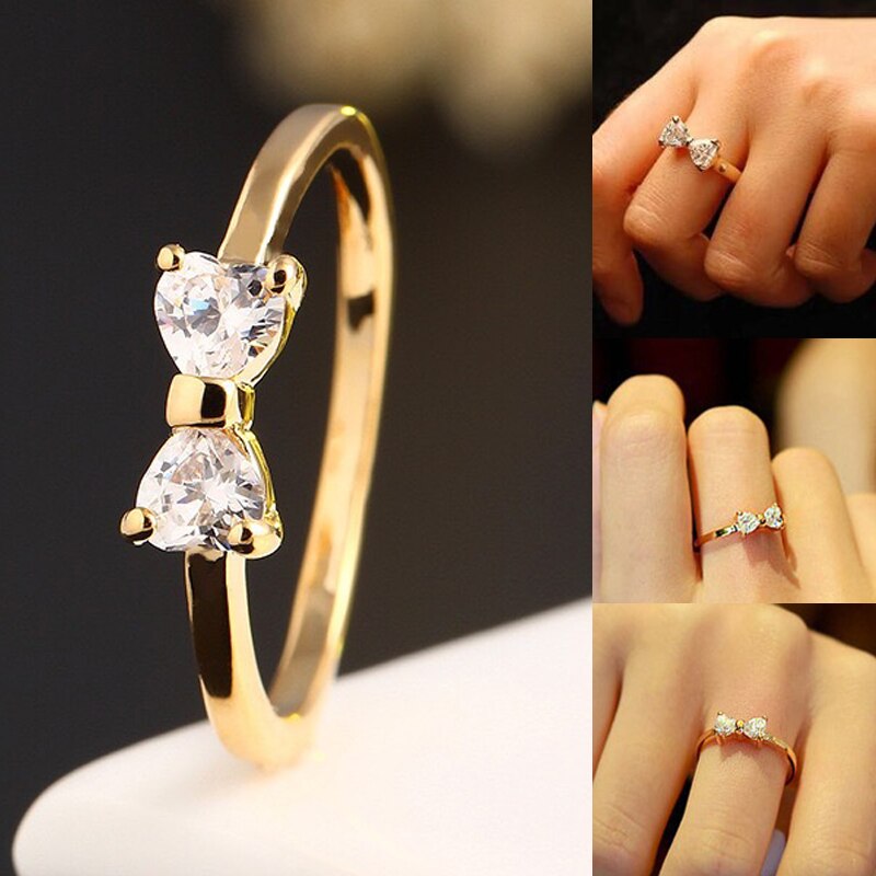 Crystal Rings Classic Gold Color Finger Bow Ring Unique Romantic Wedding Engagement Party Rings For Women