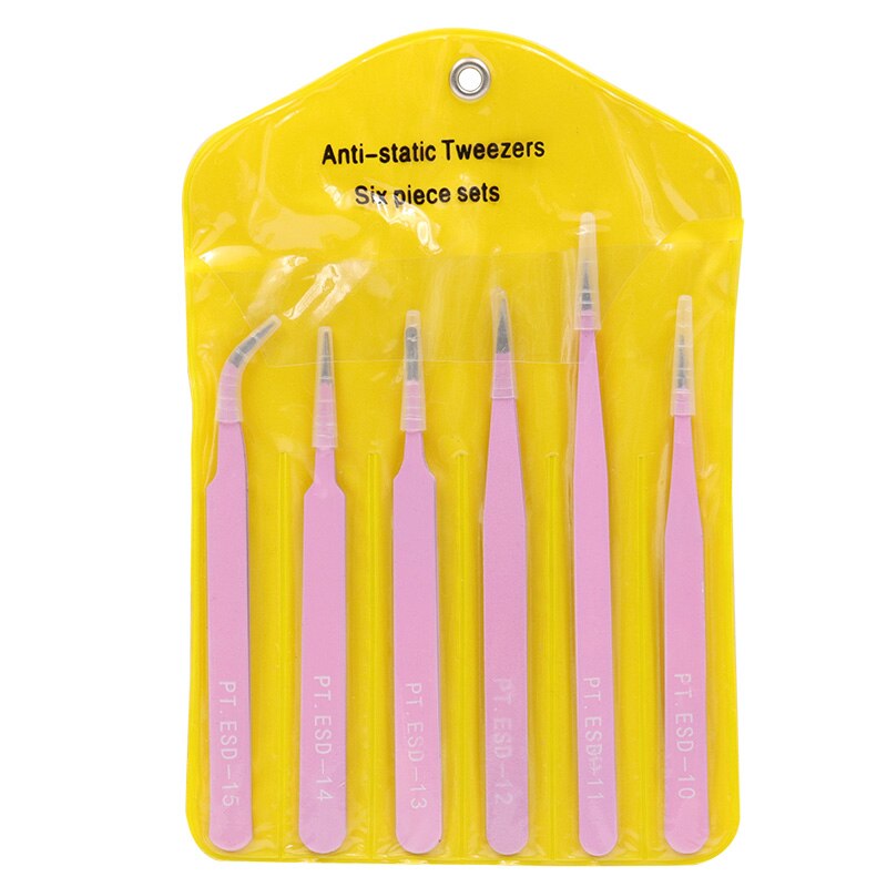6pcs Anti-static ESD Stainless Steel Tweezers Maintenance Tools Industrial Precision Curved Straight Tweezers Repair Tools: 6pcs Pink