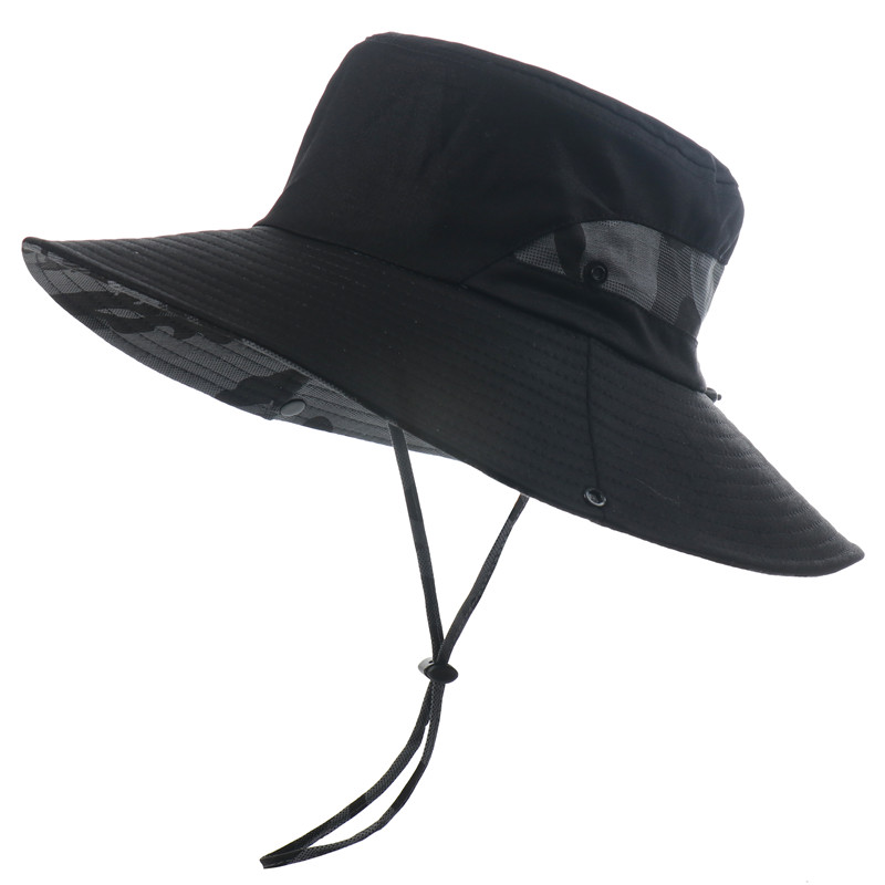 CAMOLAND Male UV Protection Sun Hats Camouflage Bucket Hat For Women Men Outdoor Fishing Hiking Hat Summer Boonie Beach Caps: Black