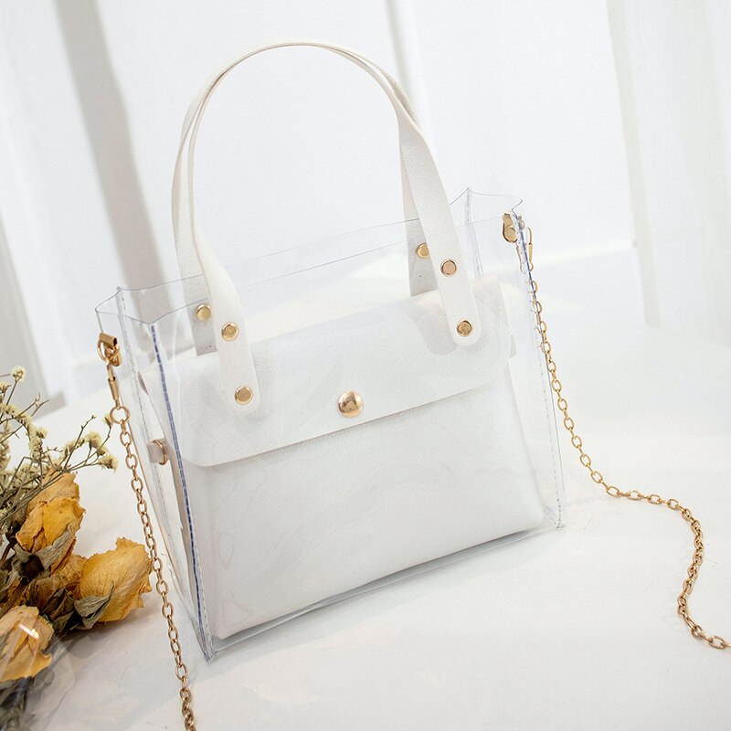 Handtas Pu Vrouwen Schoudertas Transparante Metalen Ketting Dual-Gebruik Snoep Kleur Tote Messenger Lady portemonnee: WHITE