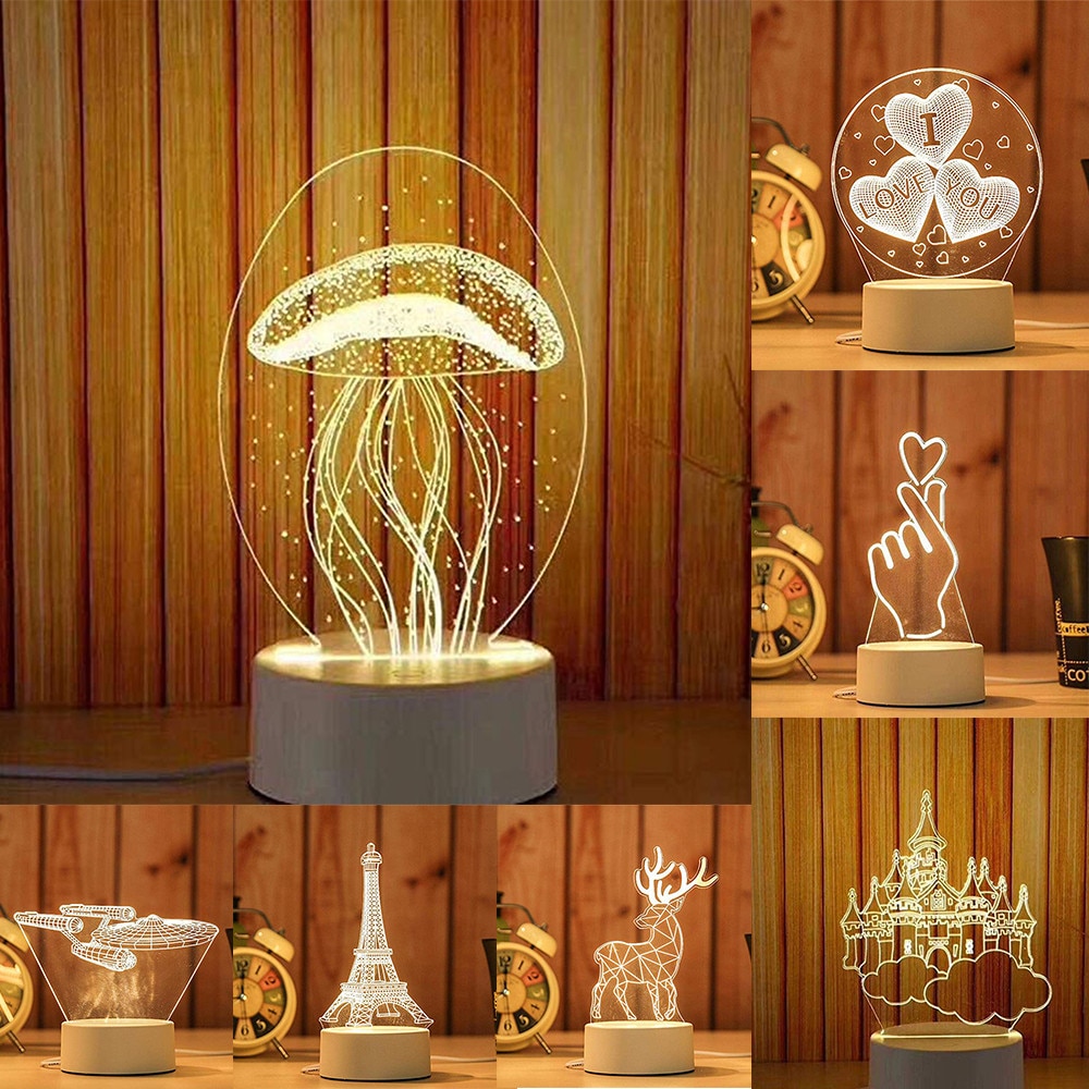 Three-dimensional Night Light 3D USB Acrylic Night Light LED Table Desk Bedroom Decor Warm White Lamp Ornament