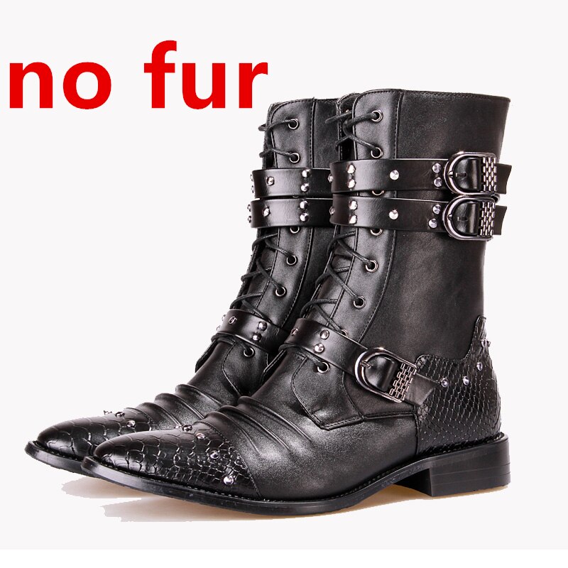 gotisch Punk Stiefel Männer Leder Pu Spitz Warmen Winter plüsch Schwarzes ist hingefallen Freizeitschuhe Männlichen Motorrad Botas hombre heißer: Schwarz Nein Fell / 6