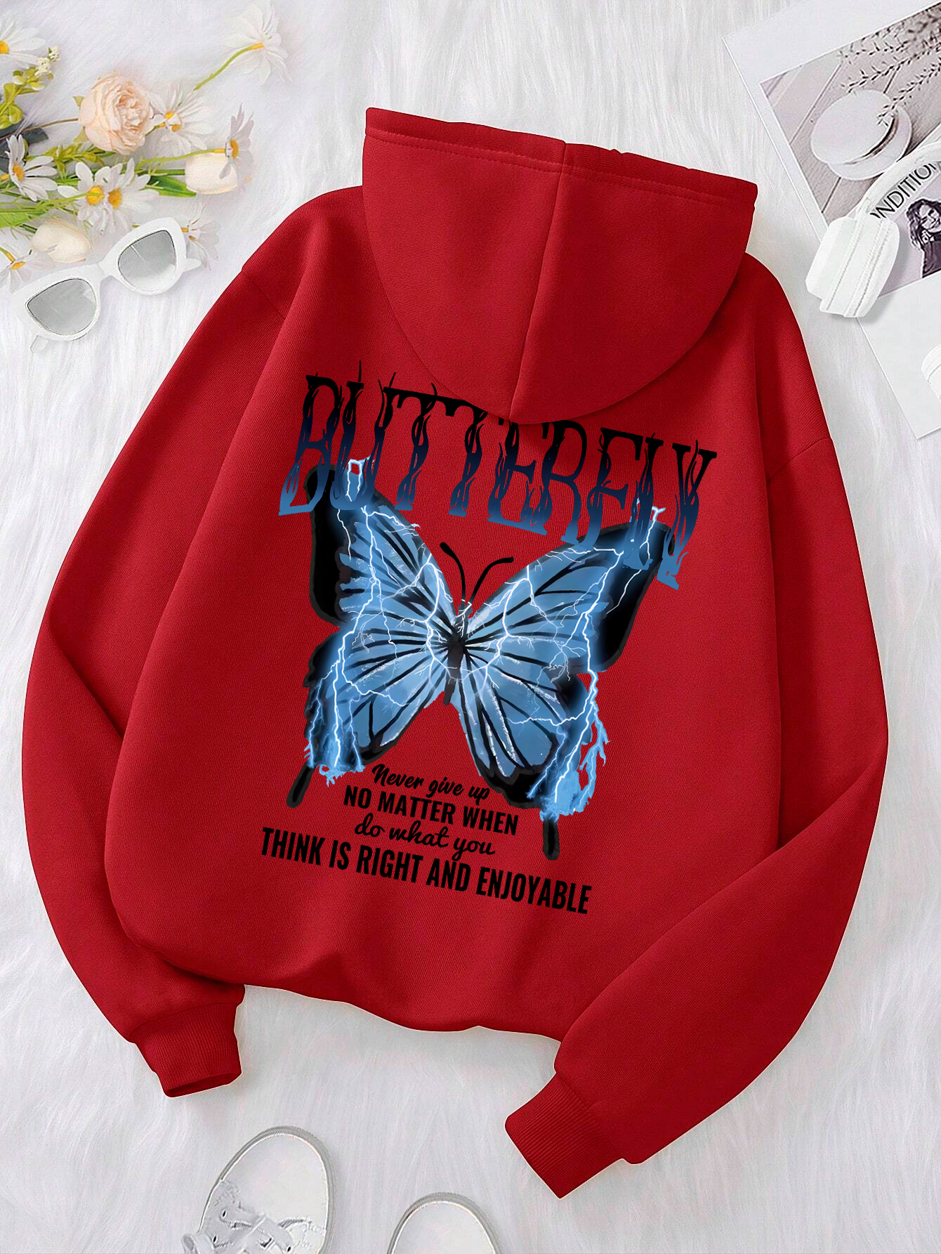 Sweat à capuche imprimé papillon bleu foudre mot femme confortable poche sweat ample doux à capuche vêtements de sport décontractés: M / BLEU CIEL