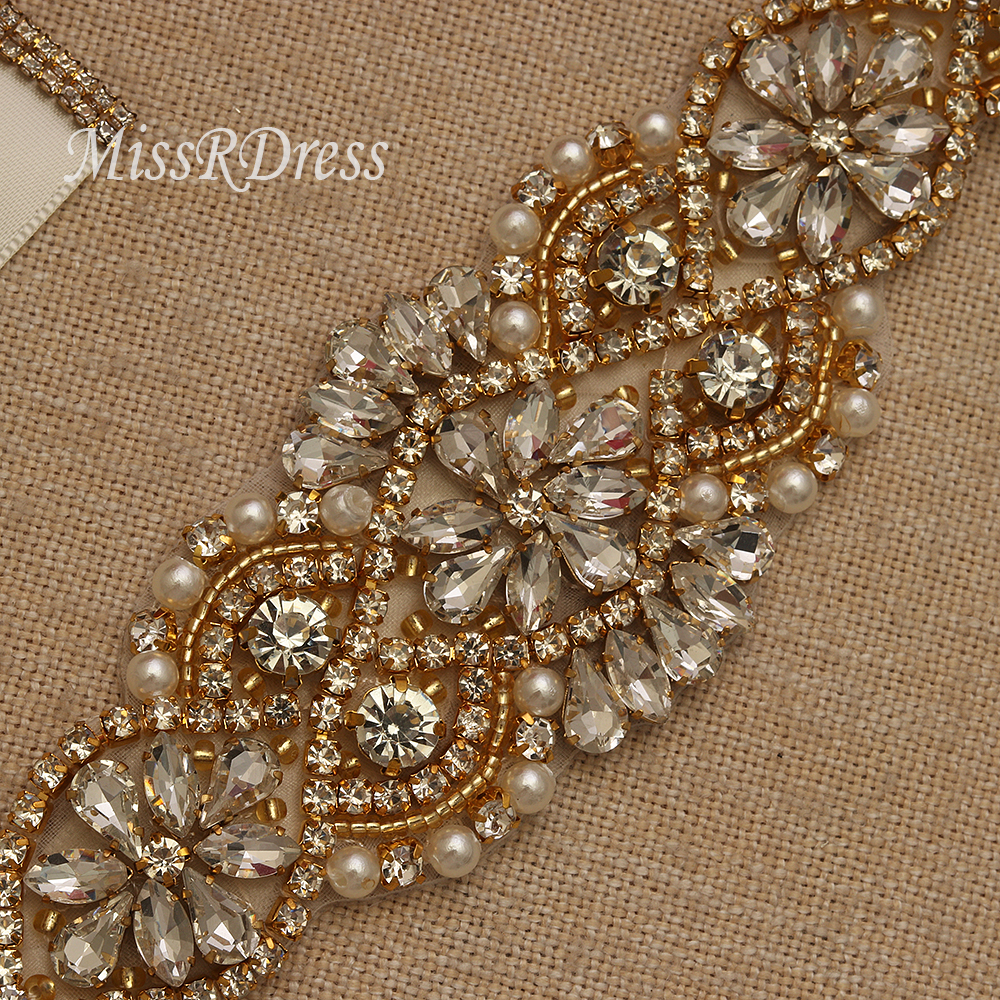MissRDress dżetów pas ślubny Handmade perły ślubne pas złoty kryształ szarfa do sukni ślubnej dla Bridal akcesoria JK834