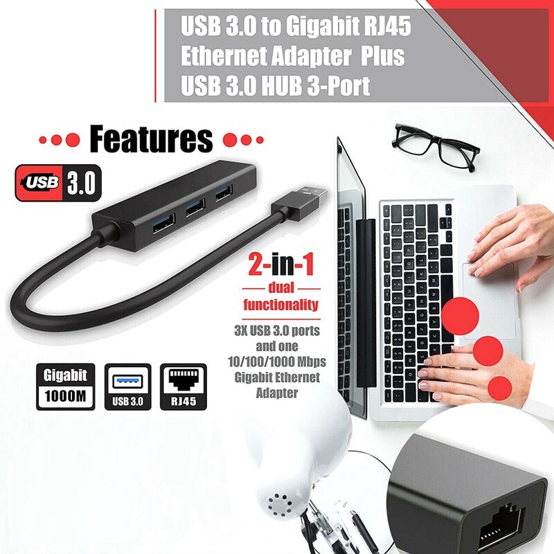 Usb 3.0 gigabit ethernet lan  rj45 1000 mbps netwerkadapter 3 -poorts hub voor mac-pc