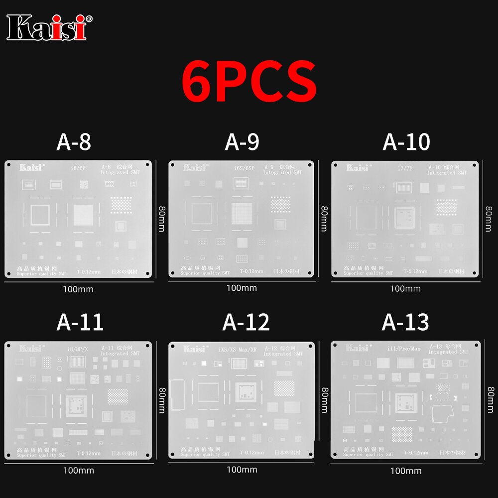 Kaisi 0,12mm BGA Reballing Stencil Kit de soldadura plantilla para iPhone IC CPU A8A9A10A11A12A13 11Pro/Max XS XR 8 8P 7P 6S 6P 5S: 6pcs 1 set
