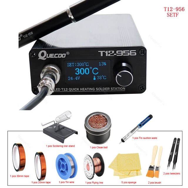 Quecoo T12-956 stazione digitale di saldatura Oled con manico in metallo nero M8 e punte per saldatore T12 spina ue predefinita: impostato F