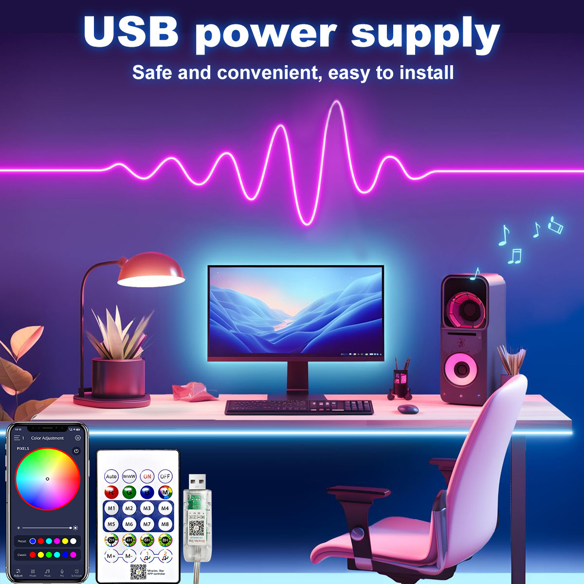 1-5M 5V RGB Neon Strip Light Waterproof Rgb Led Strip Lights Music Sync Color Changing Led Lights For Wall Gaming Room TV Party