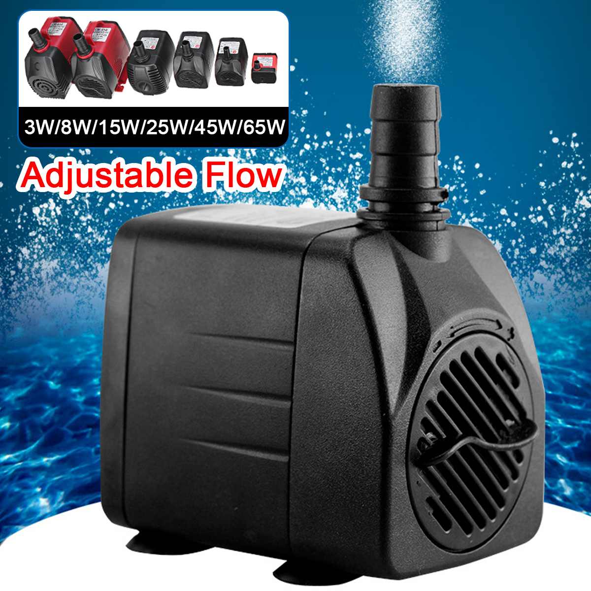 50Hz Adjustable Flow Water Pump Fish Tank Ultra Silent Submersible Fountain Pond Aquarium Water Pump 3/8/15/25/45/65W