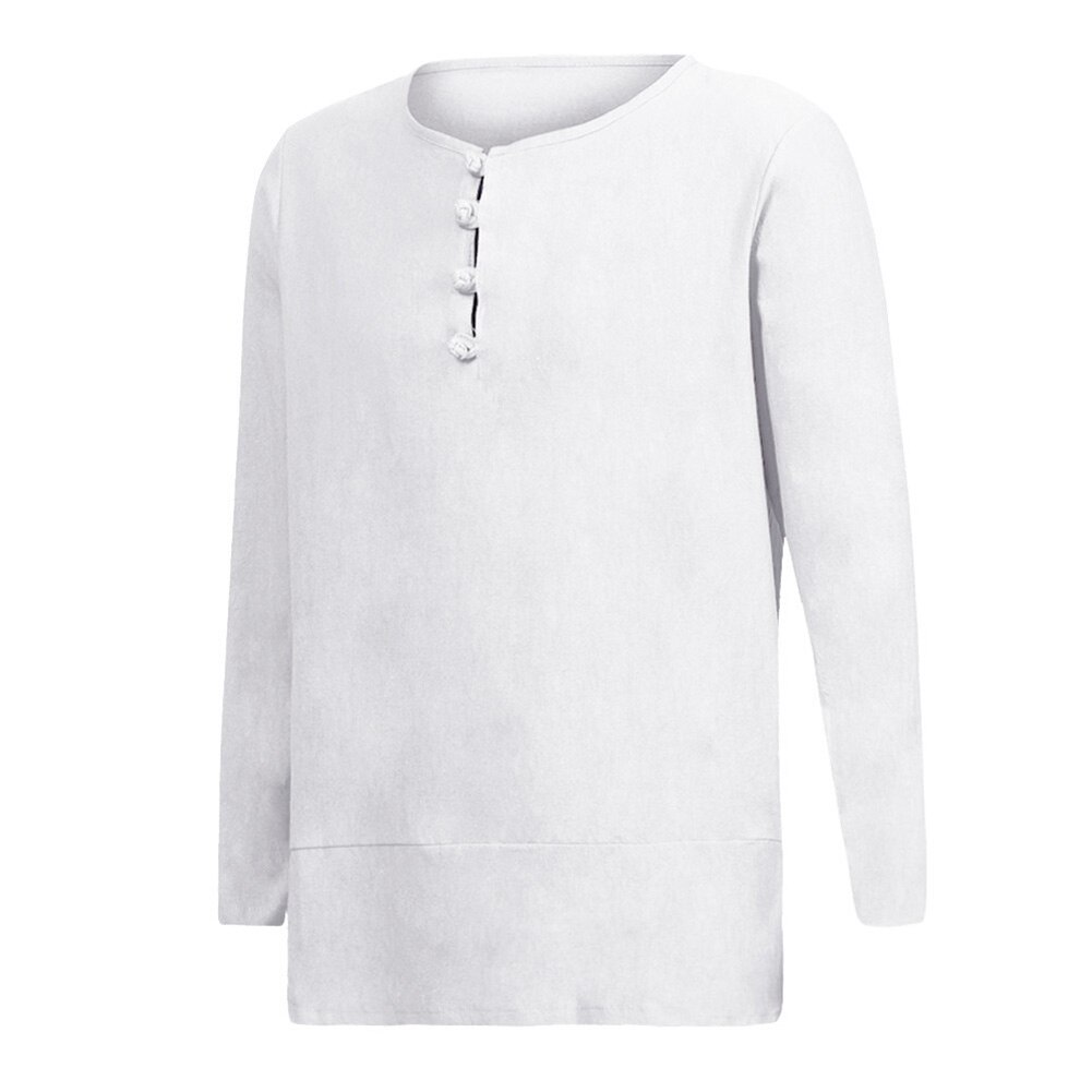 Mænd afslappet ensfarvede lange ærmer o-hals knapper bomuld løs pullover skjorte perfekt jul velegnet til daglig brug