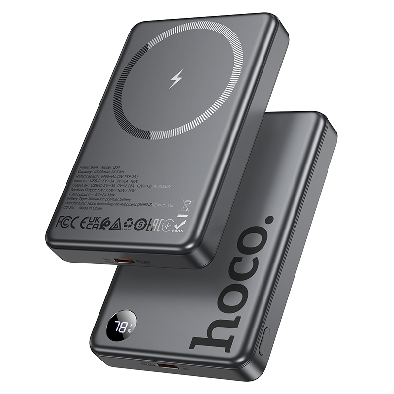 HOCO 10000Mah PD20W Magnetic Wireless Charging Power Bank For iPhone 16/15 Pro Max USB C PD Emergency Battery with LED Display: grey