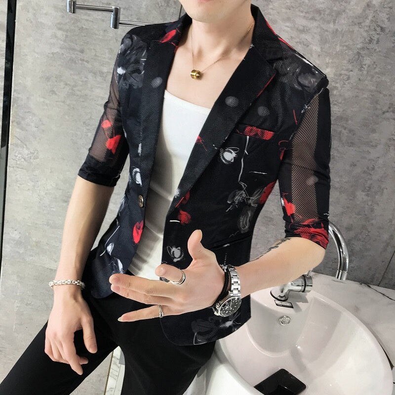 Men Blazer Thin Summer Print Hollow Suit Jacket Single Button Half Sleeve Male Nightclub Slim Fit Party Blazers: black flower / M