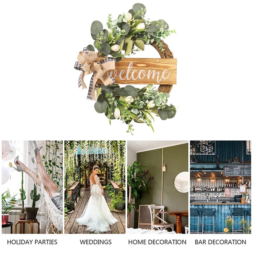 Couronne d'eucalyptus artificielle pour porte d'entrée, guirlande de feuilles de tulipe, signe de bienvenue, décoration de porche pour printemps et été