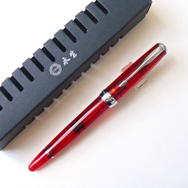 Wing Sung 618 Classic Fountain Pen Piston Transparent Authentic Iridium Fine 0.5mm Outstanding Ink Pen Writing Set: Red-Silver Clip