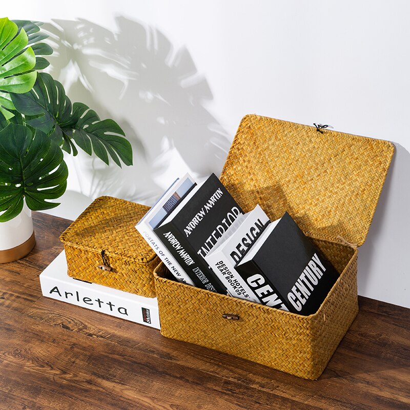 Rattan vævede opbevaringskasser med låg håndlavet flet opbevaringskurv diverse tøj kosmetik container home organizer