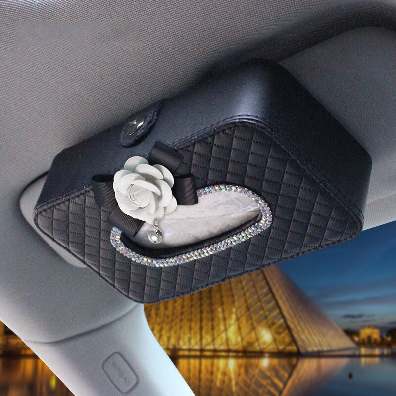Camellia Rhinestone Car Sun Visor Type Car Tissue Box Holder Leather Diamante Interior Floral Paper Towel Storage Accessories: white black