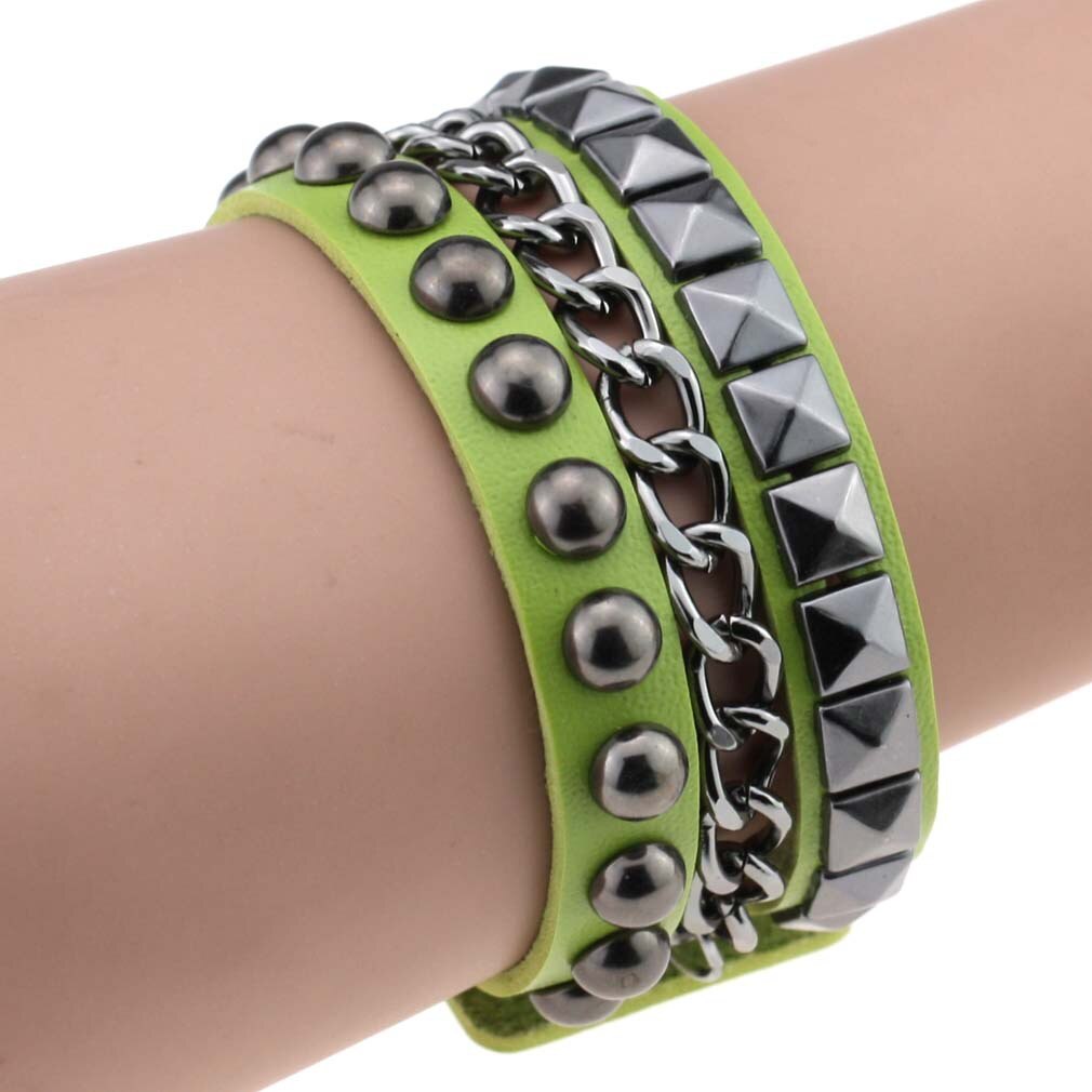 Gelaagde Leather Studded Armband Mannen Vrouwen Punk Band Rock Bangle Goth Sieraden Cosplay Emo Gothic Accessoires: green