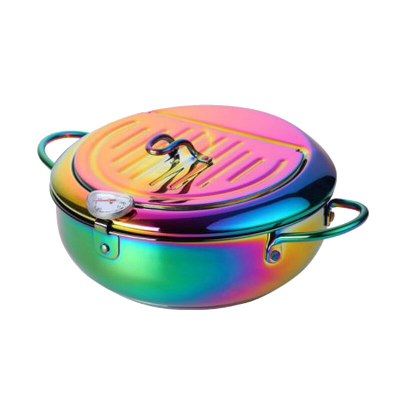 Frituren Pot Met Een Thermometer En Een Deksel 304 Roestvrij Staal Keuken Tempura Friteuse Pan Keuken Gereedschap: phantom colorful