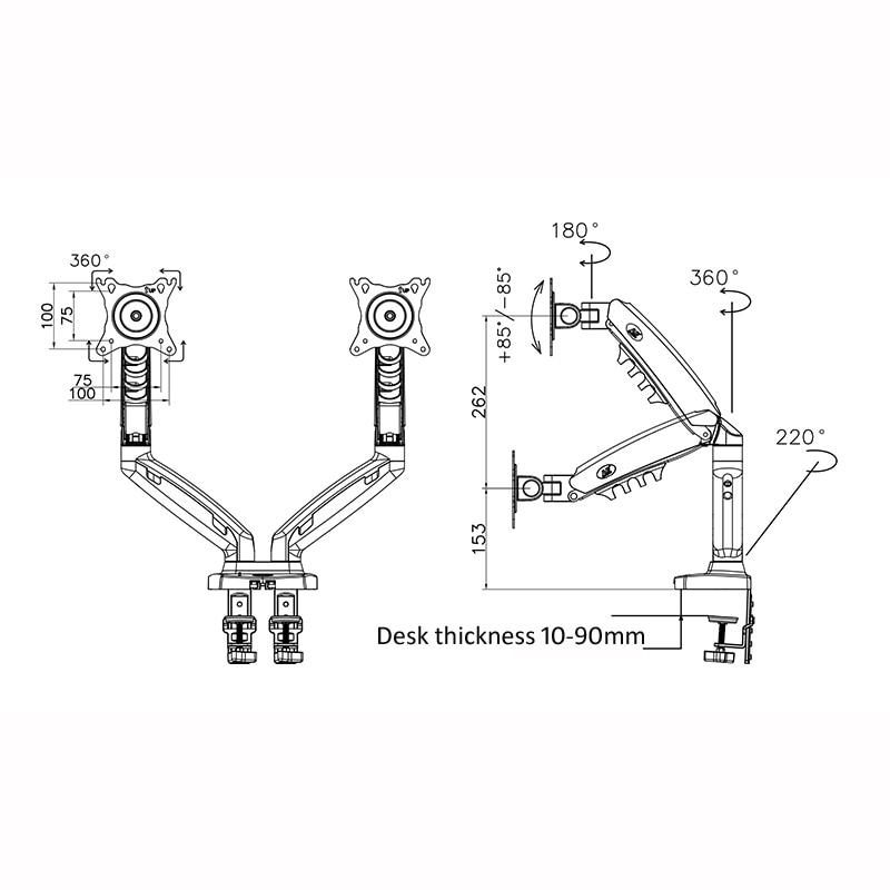 20 NB F160 gas spring Ergonomic 10"-27" dual monitor stand on desk 2-9kg dual arms 360 rotate USB3.0 Computer holder