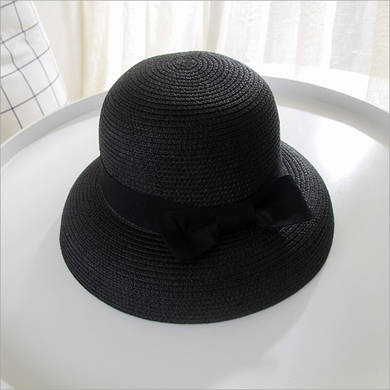 Hepburn Style Sun Hats Bucket Cap For Women Summer Straw Hat Big bow Female Beach Hat Panama Hats Chapeu Feminino: black