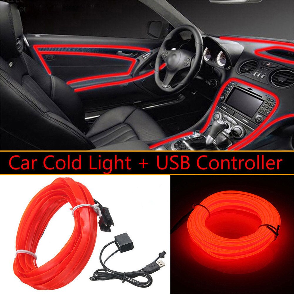 1Pc 5V Usb Rode Led Light Glow Wire String Strip Rope Tube Auto Interieur Ornament