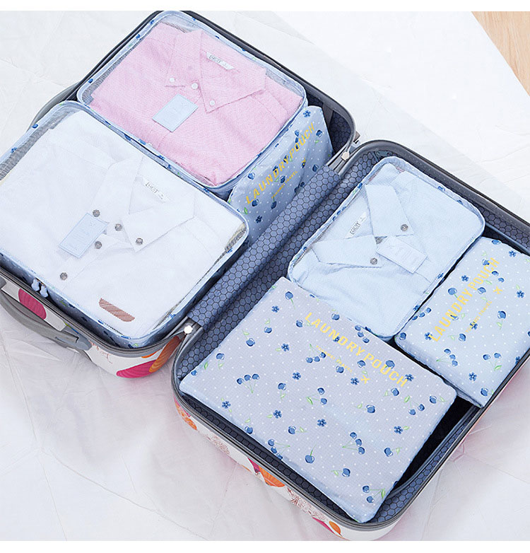 Nylon Packing Cube waterproof Travel Bag 6Pcs/Set System Durable Large Capacity Of Bags Unisex Clothing Sorting Organize: Blue Cherry