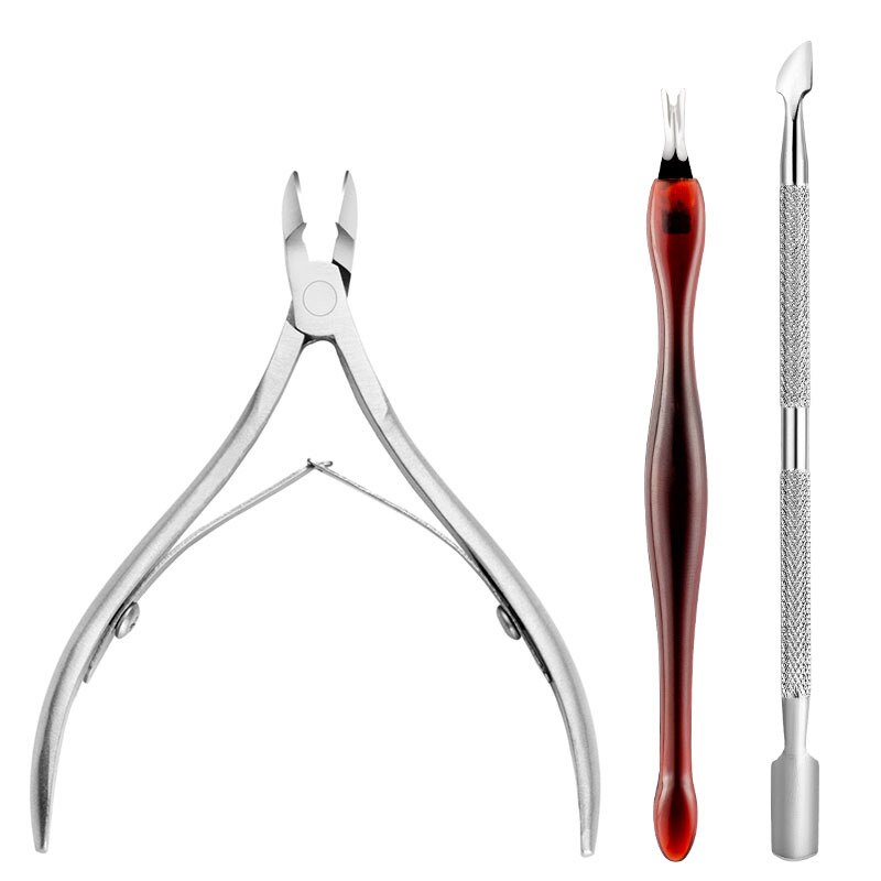 Set de herramientas de exfoliación para manicura tijeras alicates pelador empujar la cutícula cutánea muerta empujador cuchara para cutículas removedor cortador: 3Pcs Red-12