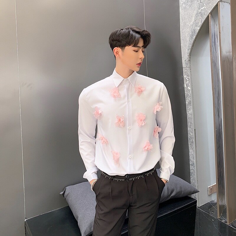 Men's White Shirt with Pink Flowers Decoration Stylish Shirts Long Sleeve Applique M-XL