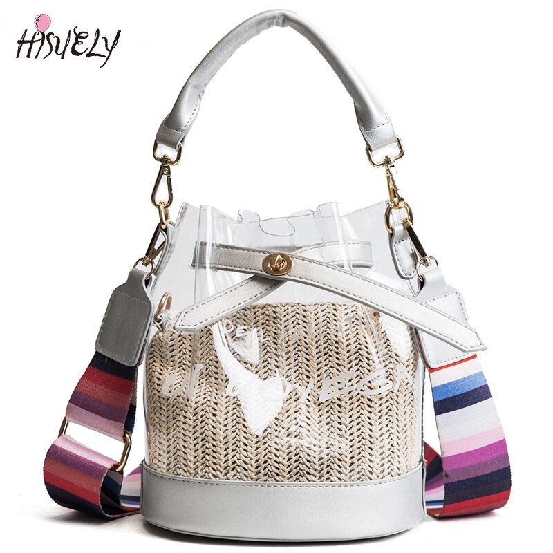 HISUELY Jelly Bag Summer PVC Shoulder Bag Tote Colorful Handle Messenger Chain Plastic Handbag Transparent Bucket Bucket Lock