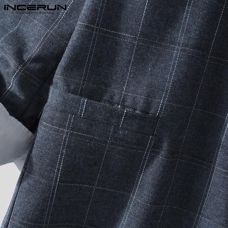 INCERUN Men Plaid Blazers Long Sleeve Turn Down Collar Streetwear Men Casual Suit Leisure Business Jackets Pockets Blazer