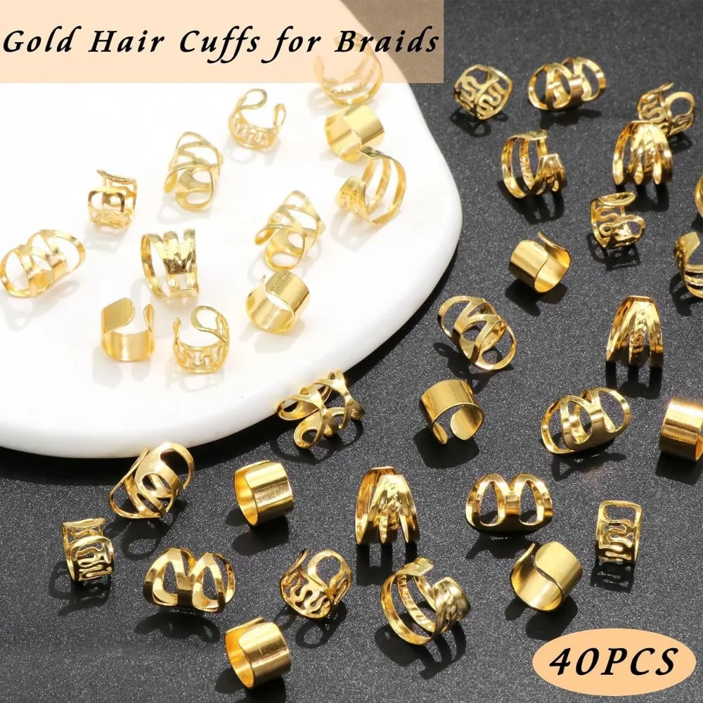 40 Uds joyería para el cabello para trenzas puños dorados para el cabello anillos multiestilo cuentas para el cabello ajustables para trenza Loc accesorios para rastas