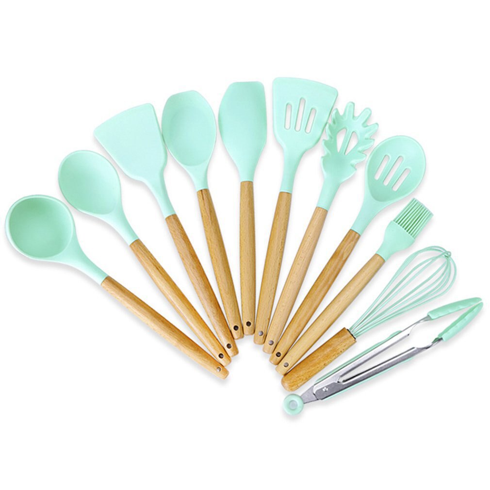 Non-Stick Silicone Kitchen Portable Mini Kitchen Set With Wood Handle Shovel Scraper Colander Food Clip Egg Beater