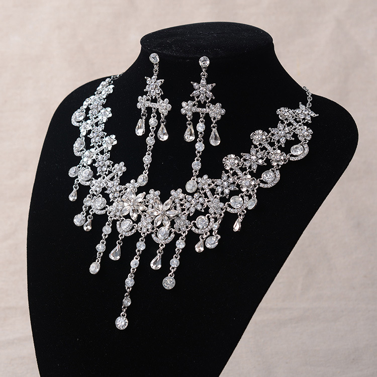 Luxo cor de prata flores de cristal conjunto de jóias de noiva para mulheres colar de declaração brinco strass tiara acessórios de casamento