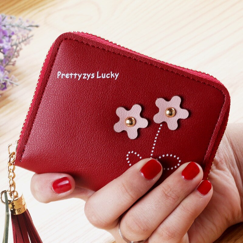 Short Wallet Women's Zipper Coin Bag Cute Flower Korean-style Style Mini Hipster Purse: Wine Red